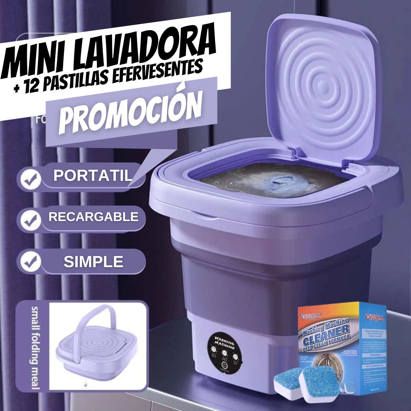 Mini Lavadora Portatil +  12 Pastillas de Limpieza para Lavadora de Regalo